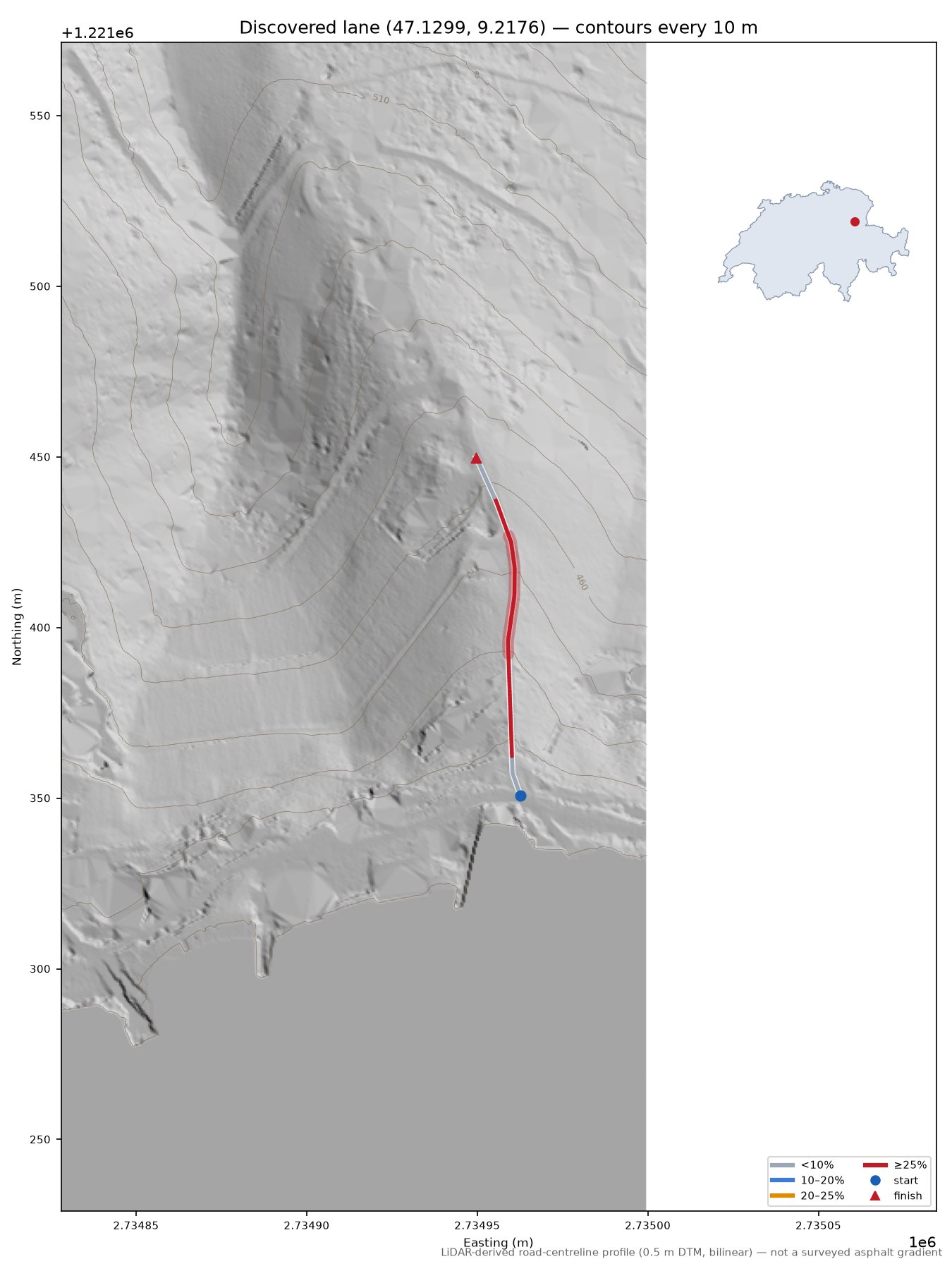 Discovered lane (47.1299, 9.2176) LiDAR hillshade map with contours