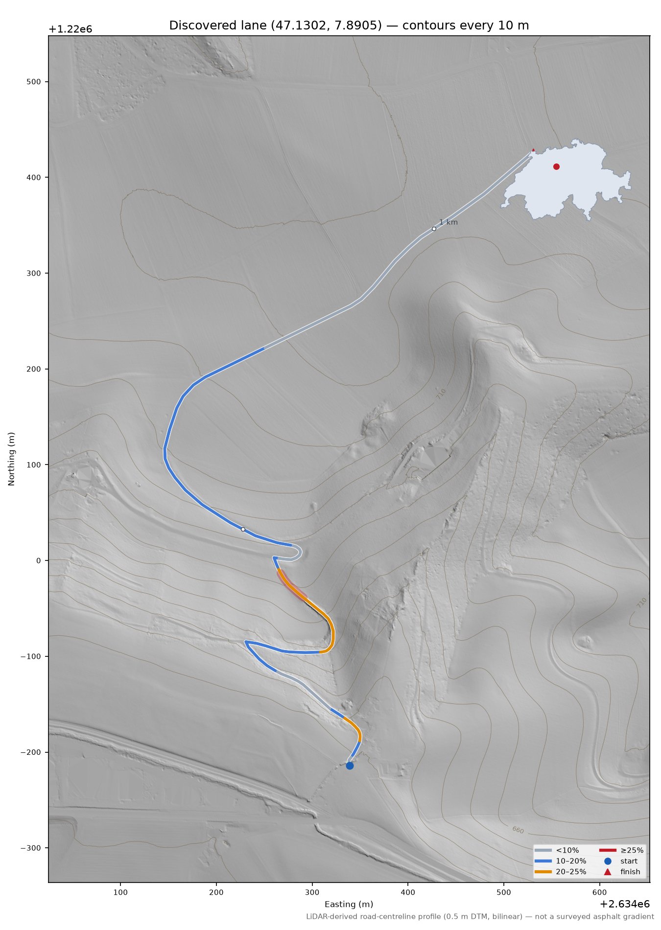 Discovered lane (47.1302, 7.8905) LiDAR hillshade map with contours