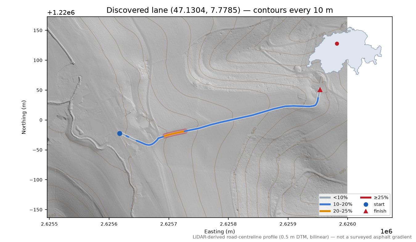 Discovered lane (47.1304, 7.7785) LiDAR hillshade map with contours