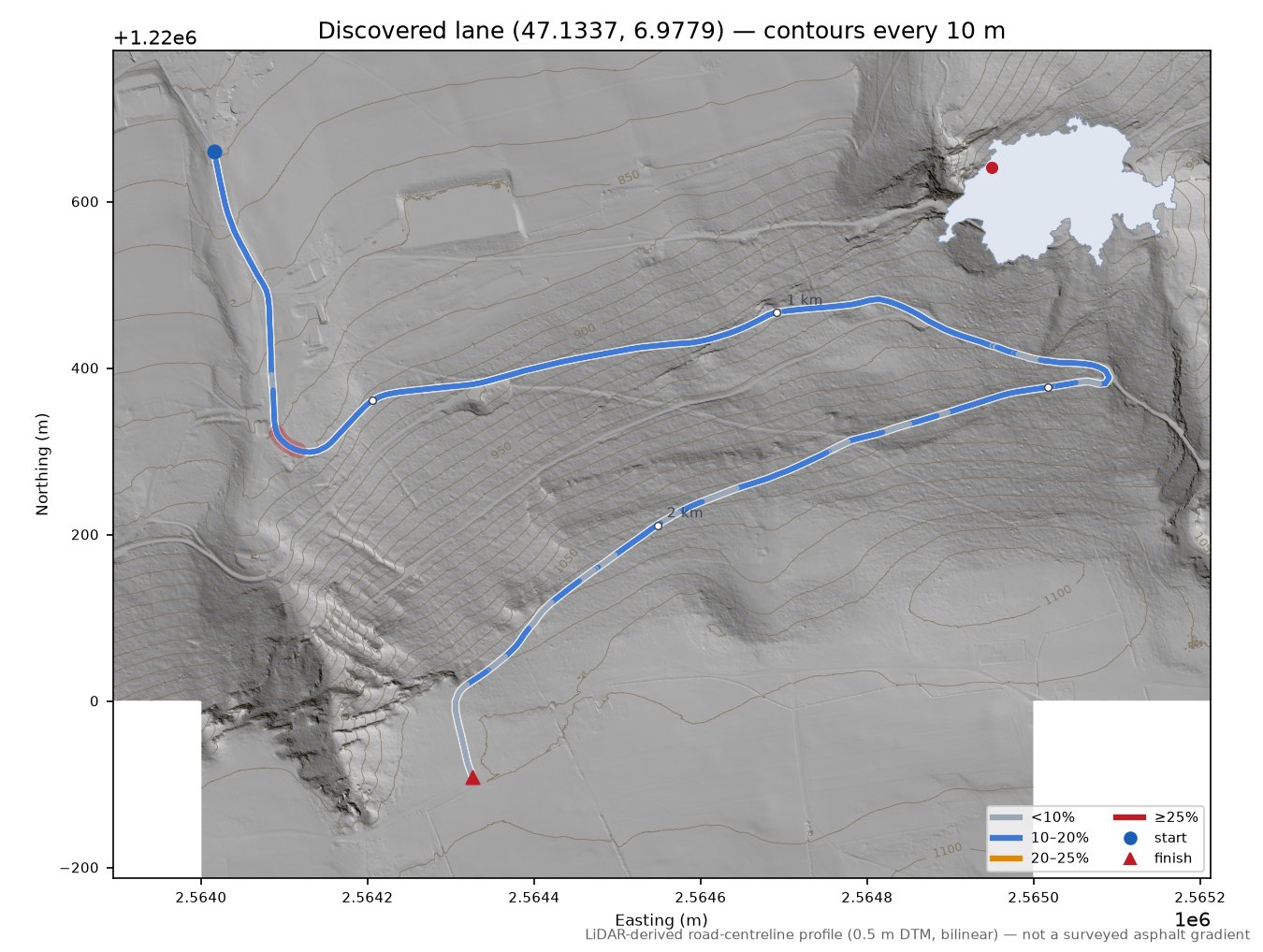 Discovered lane (47.1337, 6.9779) LiDAR hillshade map with contours
