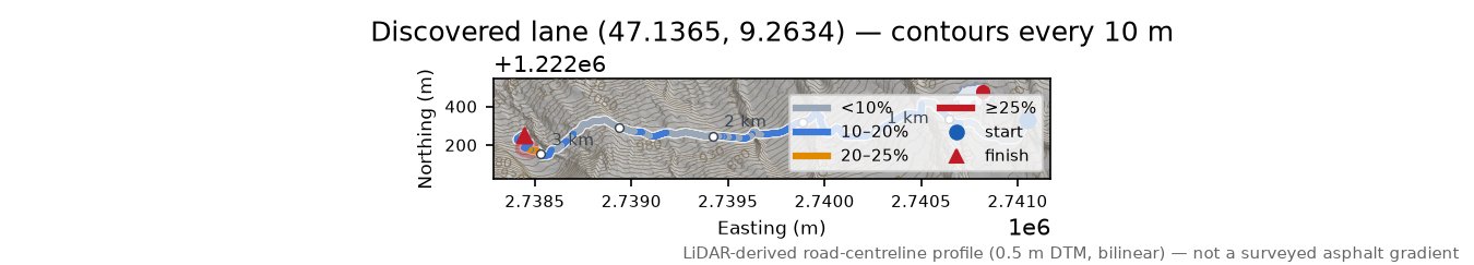 Discovered lane (47.1365, 9.2634) LiDAR hillshade map with contours