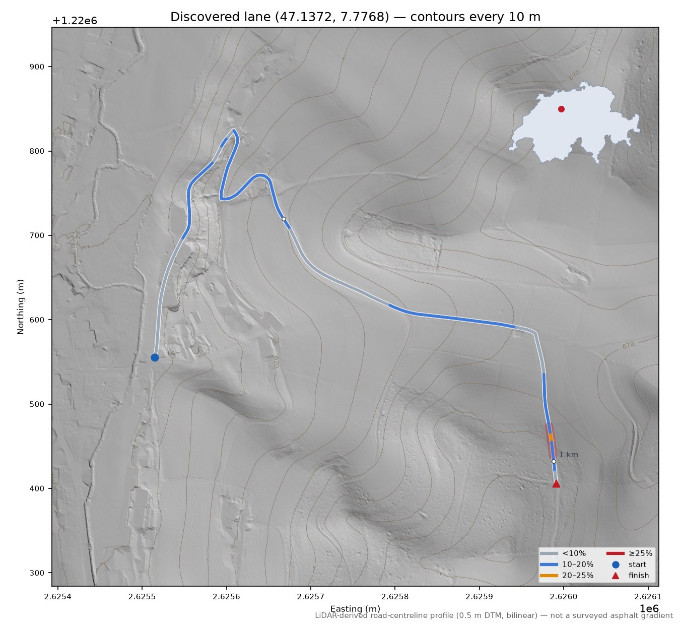 Discovered lane (47.1372, 7.7768) LiDAR hillshade map with contours