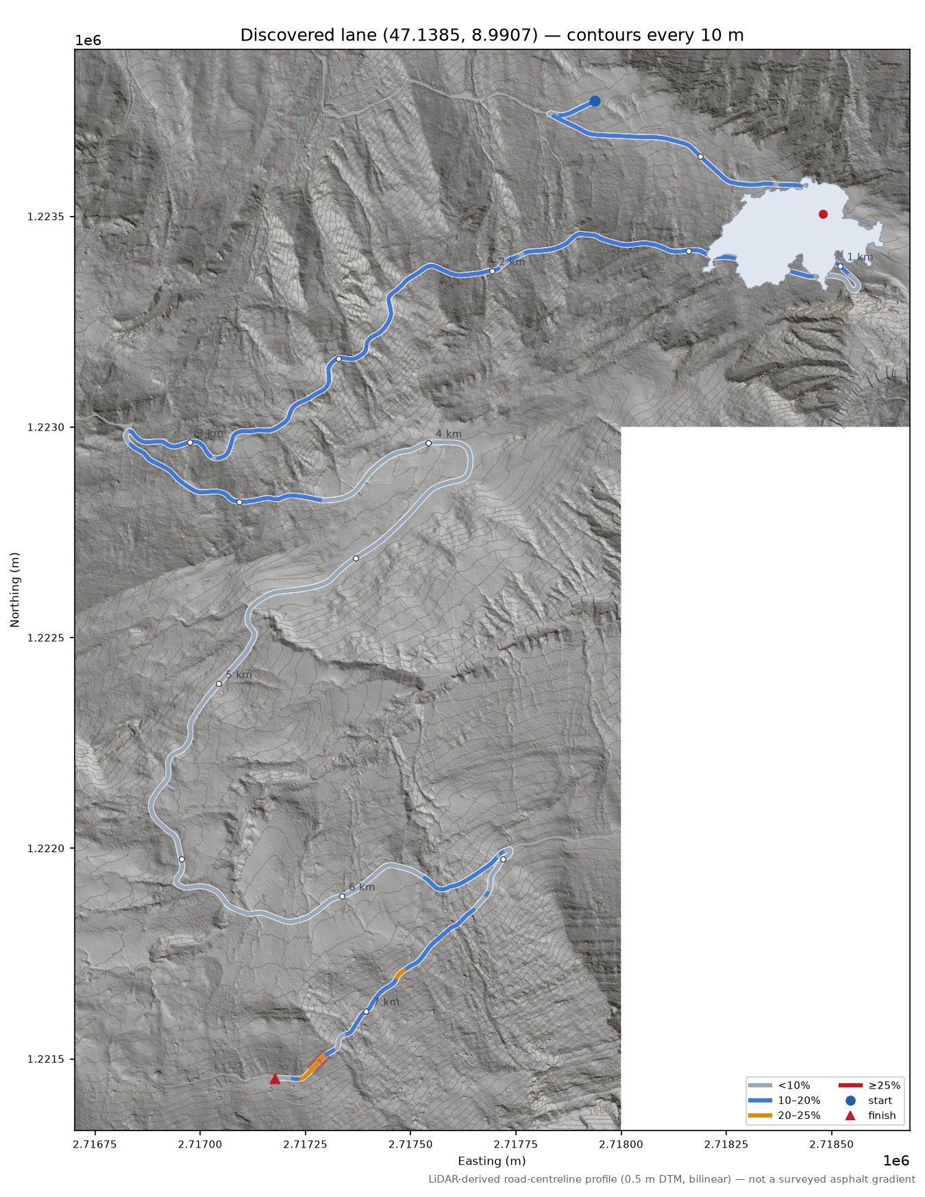 Discovered lane (47.1385, 8.9907) LiDAR hillshade map with contours