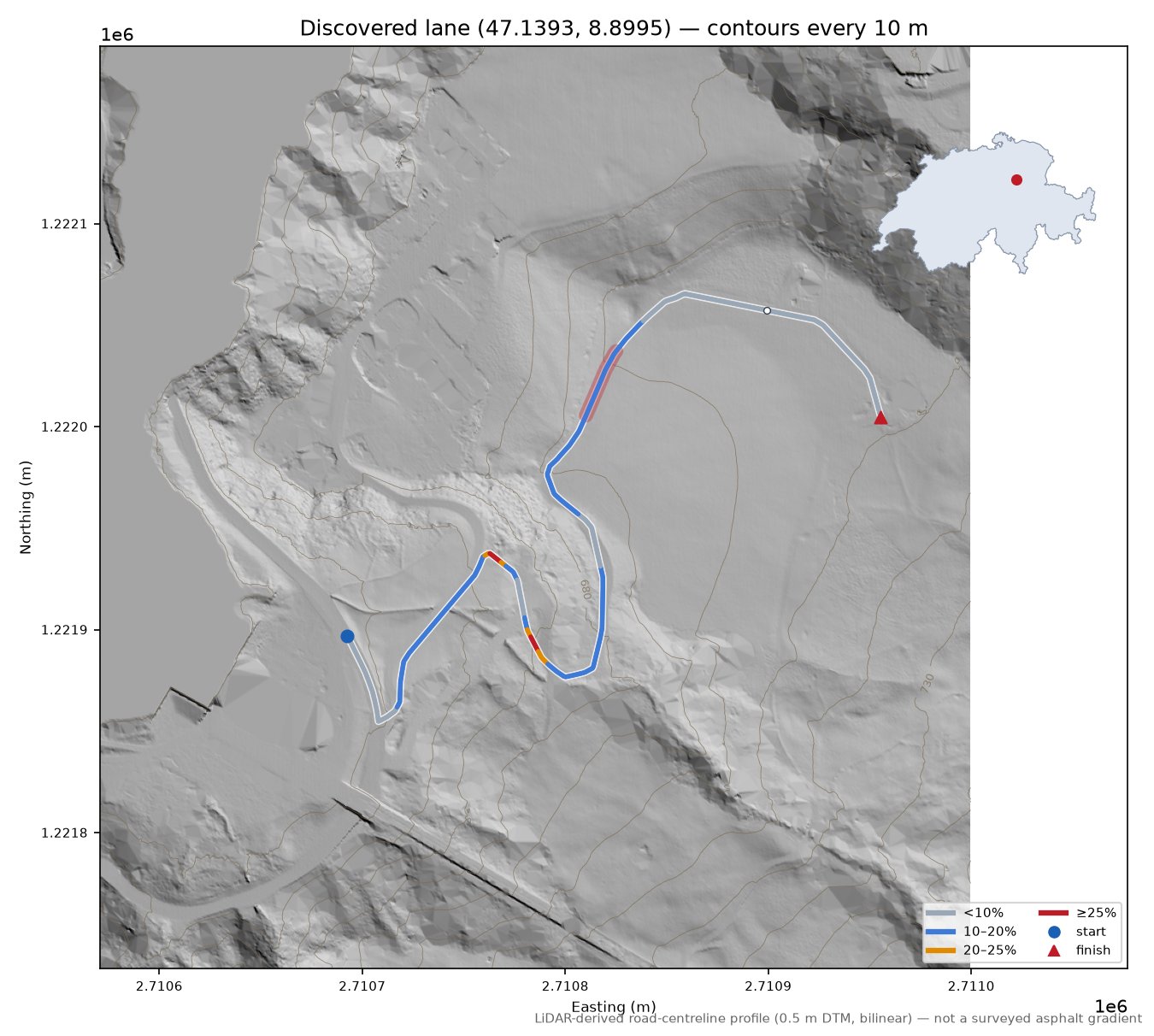 Discovered lane (47.1393, 8.8995) LiDAR hillshade map with contours