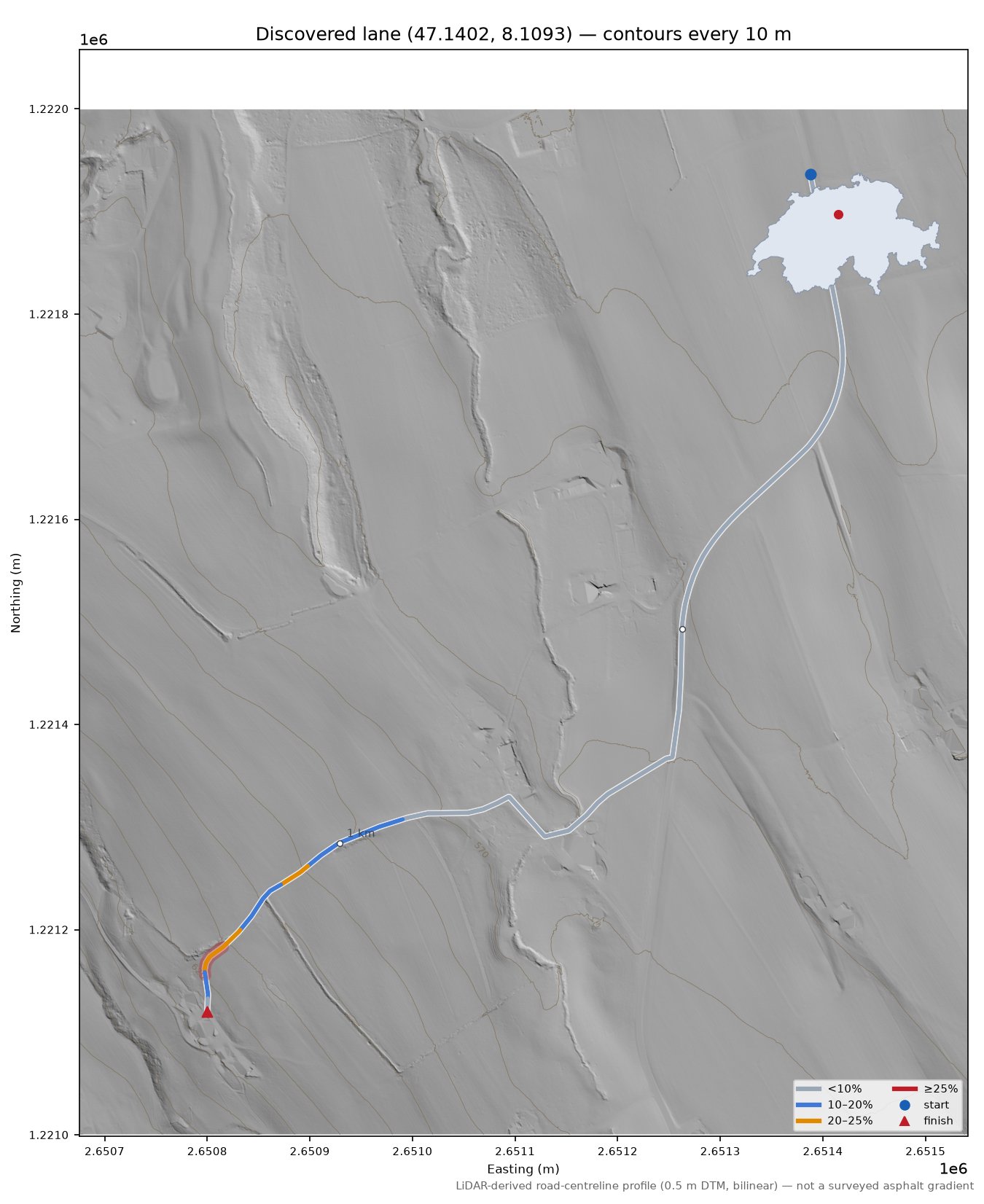 Discovered lane (47.1402, 8.1093) LiDAR hillshade map with contours