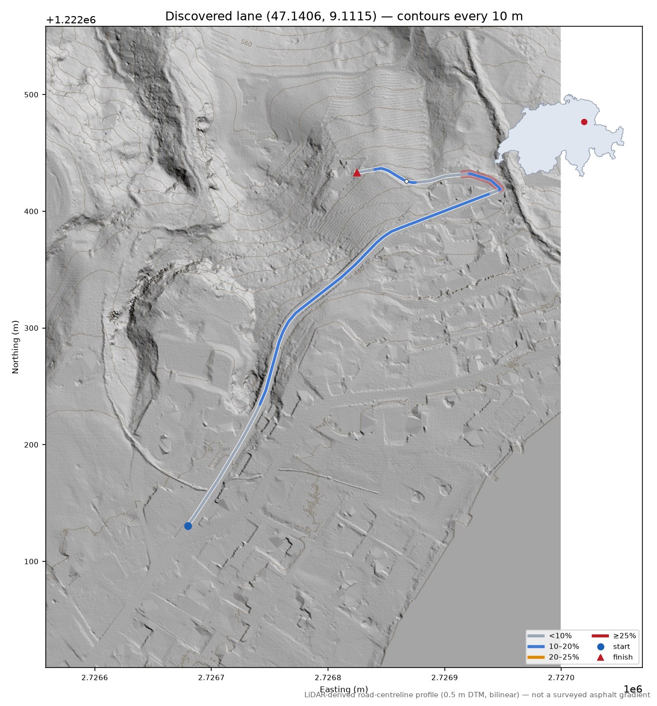 Discovered lane (47.1406, 9.1115) LiDAR hillshade map with contours