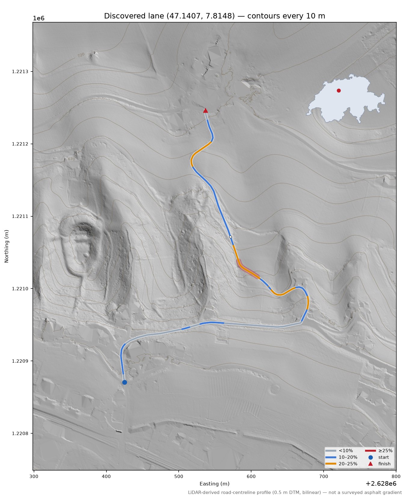 Discovered lane (47.1407, 7.8148) LiDAR hillshade map with contours