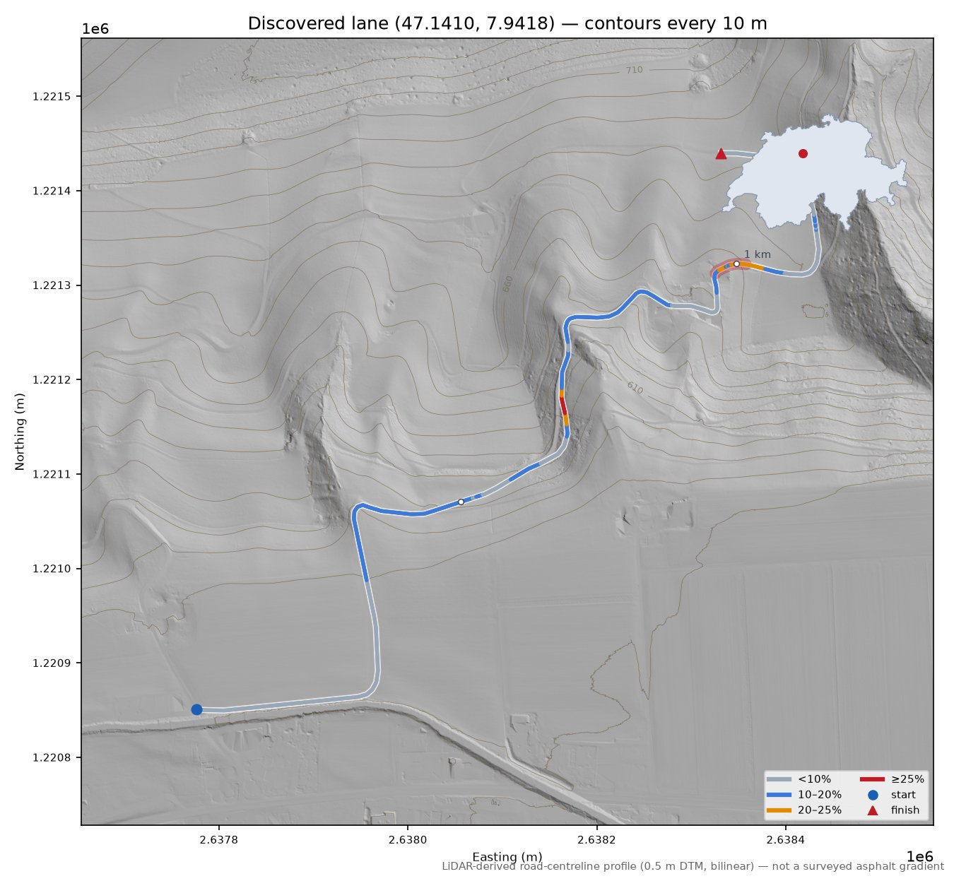 Discovered lane (47.1410, 7.9418) LiDAR hillshade map with contours