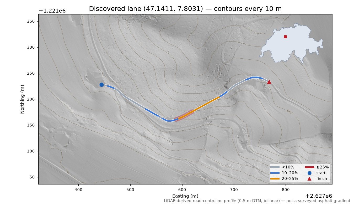 Discovered lane (47.1411, 7.8031) LiDAR hillshade map with contours