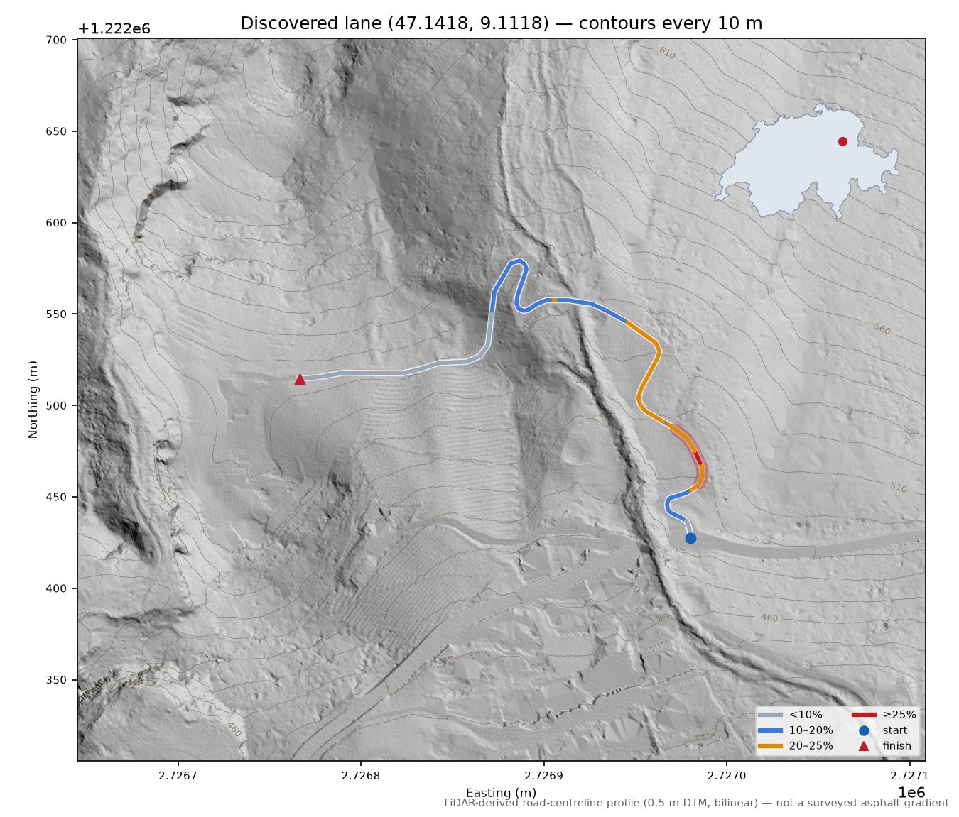Discovered lane (47.1418, 9.1118) LiDAR hillshade map with contours