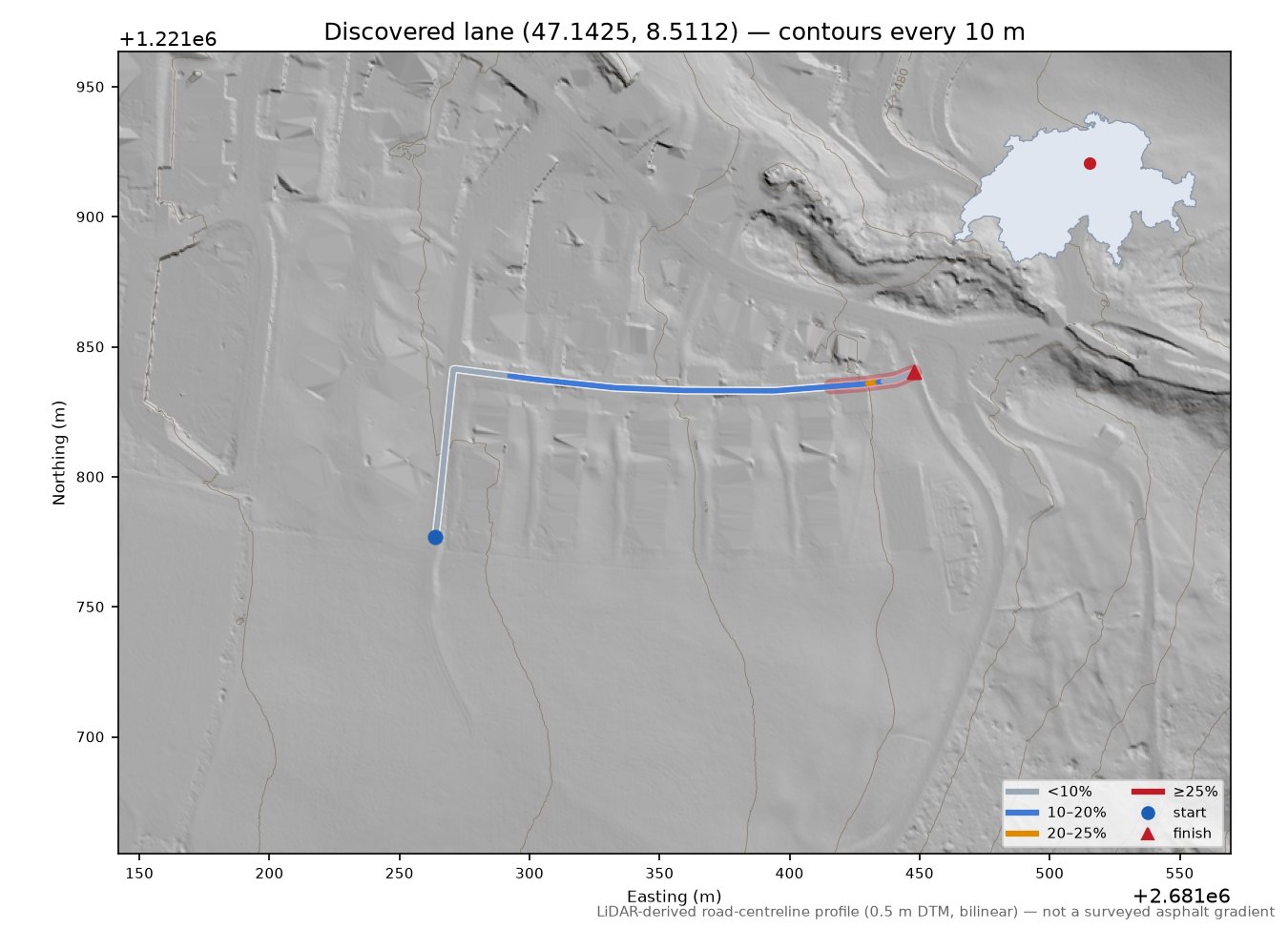 Discovered lane (47.1425, 8.5112) LiDAR hillshade map with contours