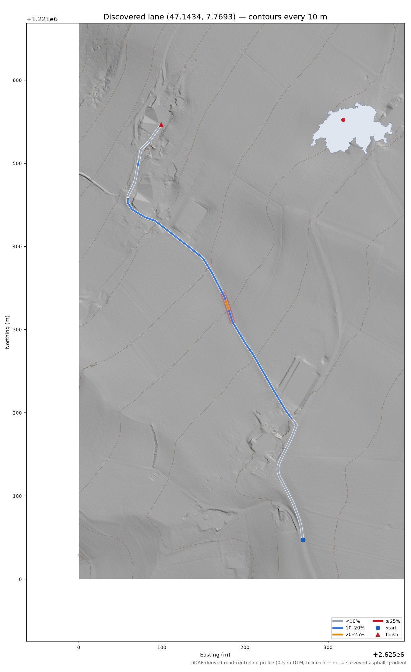Discovered lane (47.1434, 7.7693) LiDAR hillshade map with contours