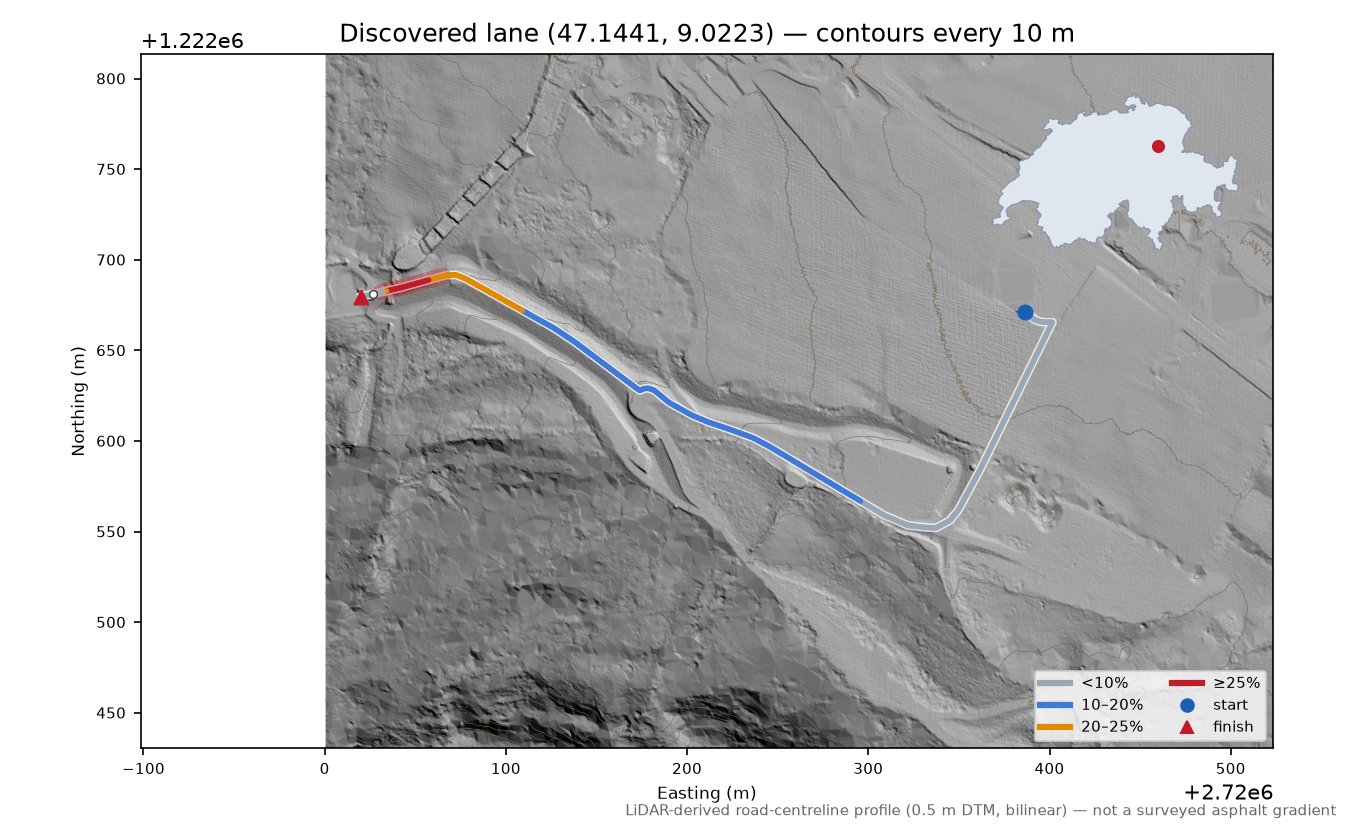 Discovered lane (47.1441, 9.0223) LiDAR hillshade map with contours