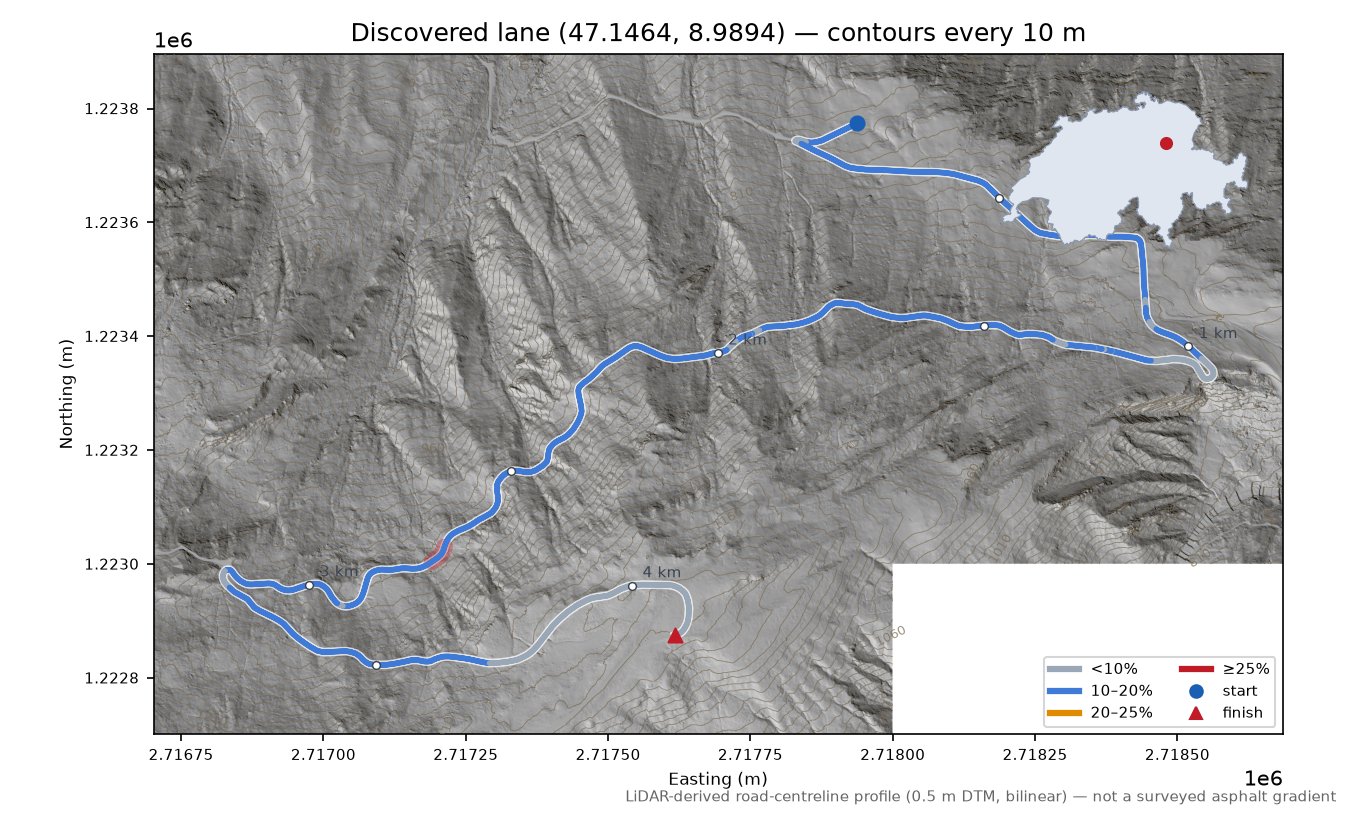 Discovered lane (47.1464, 8.9894) LiDAR hillshade map with contours