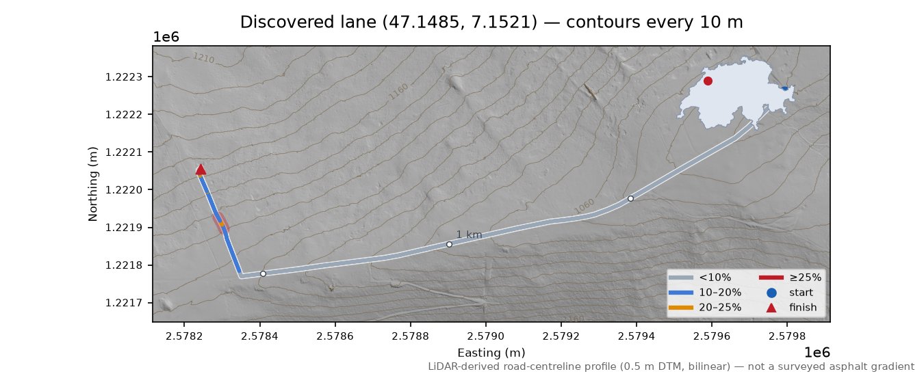 Discovered lane (47.1485, 7.1521) LiDAR hillshade map with contours
