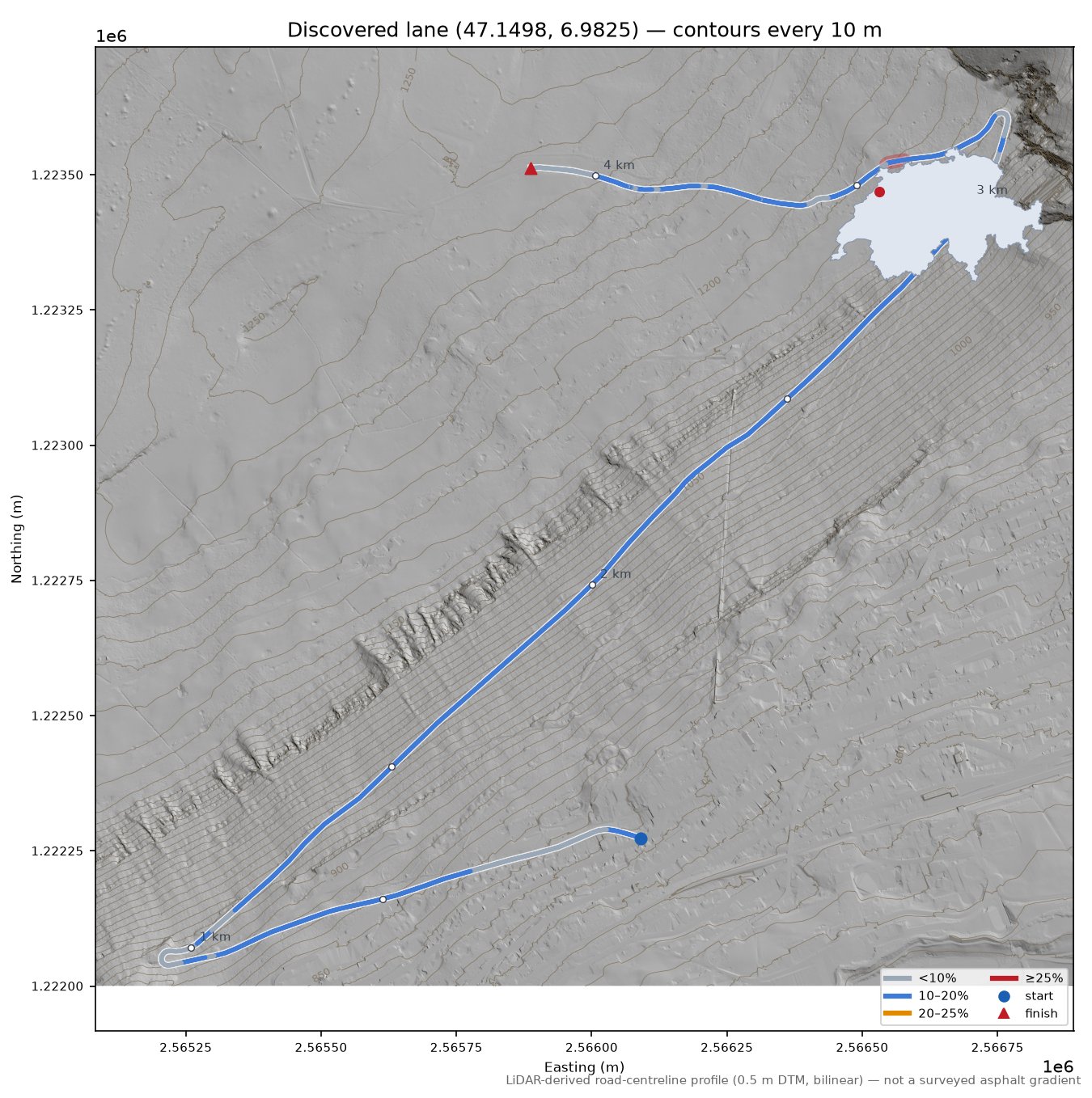 Discovered lane (47.1498, 6.9825) LiDAR hillshade map with contours