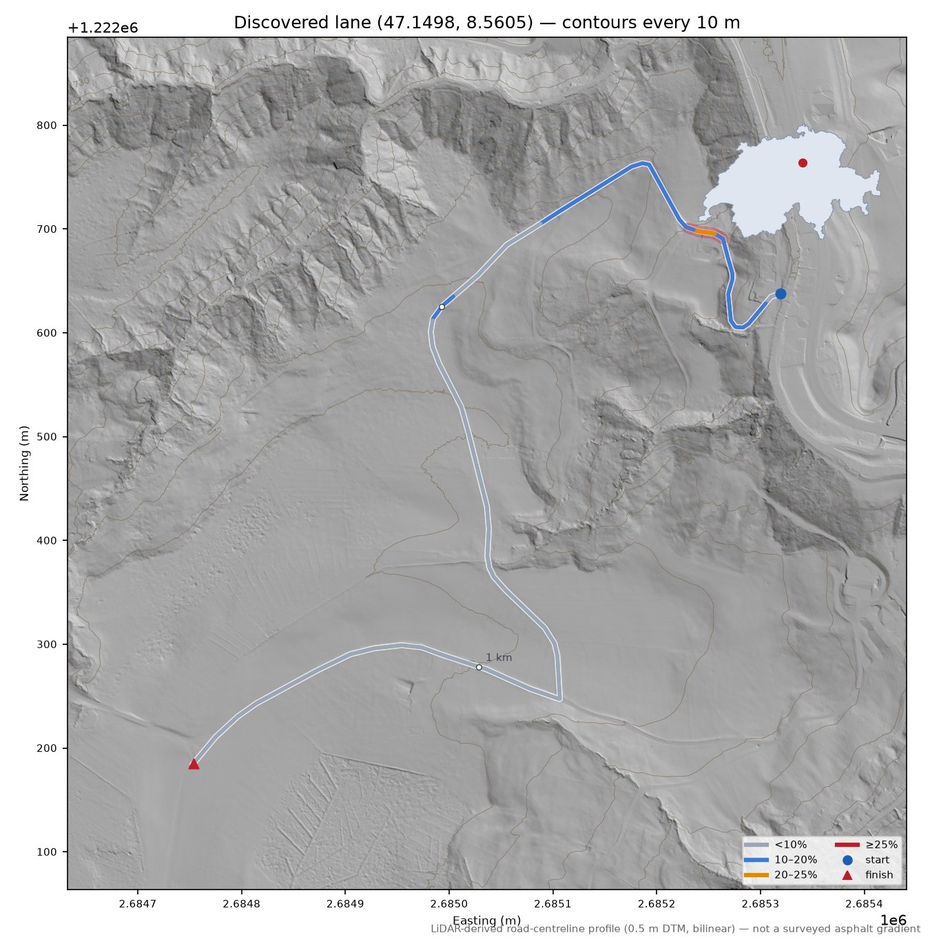 Discovered lane (47.1498, 8.5605) LiDAR hillshade map with contours