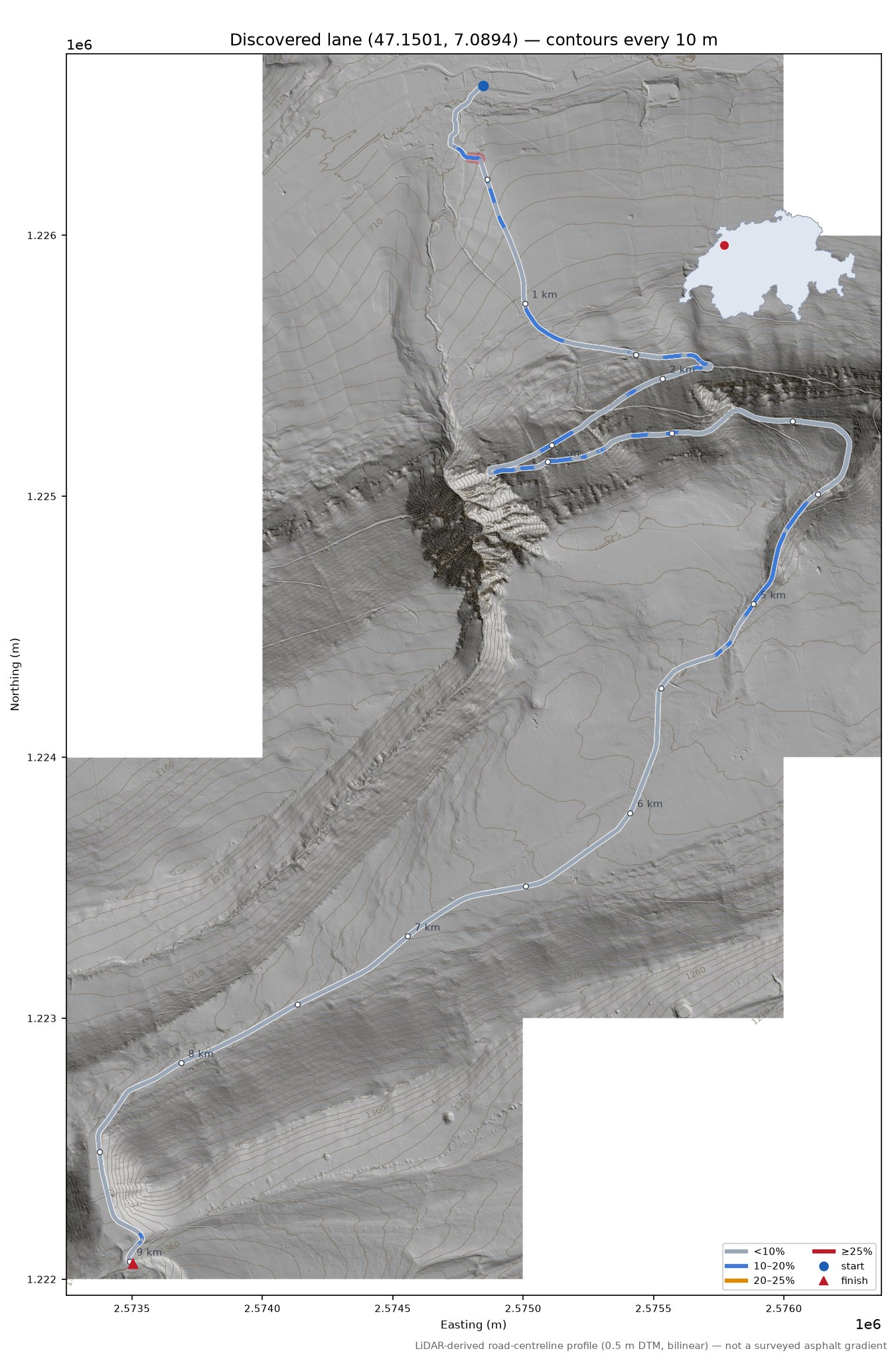 Discovered lane (47.1501, 7.0894) LiDAR hillshade map with contours