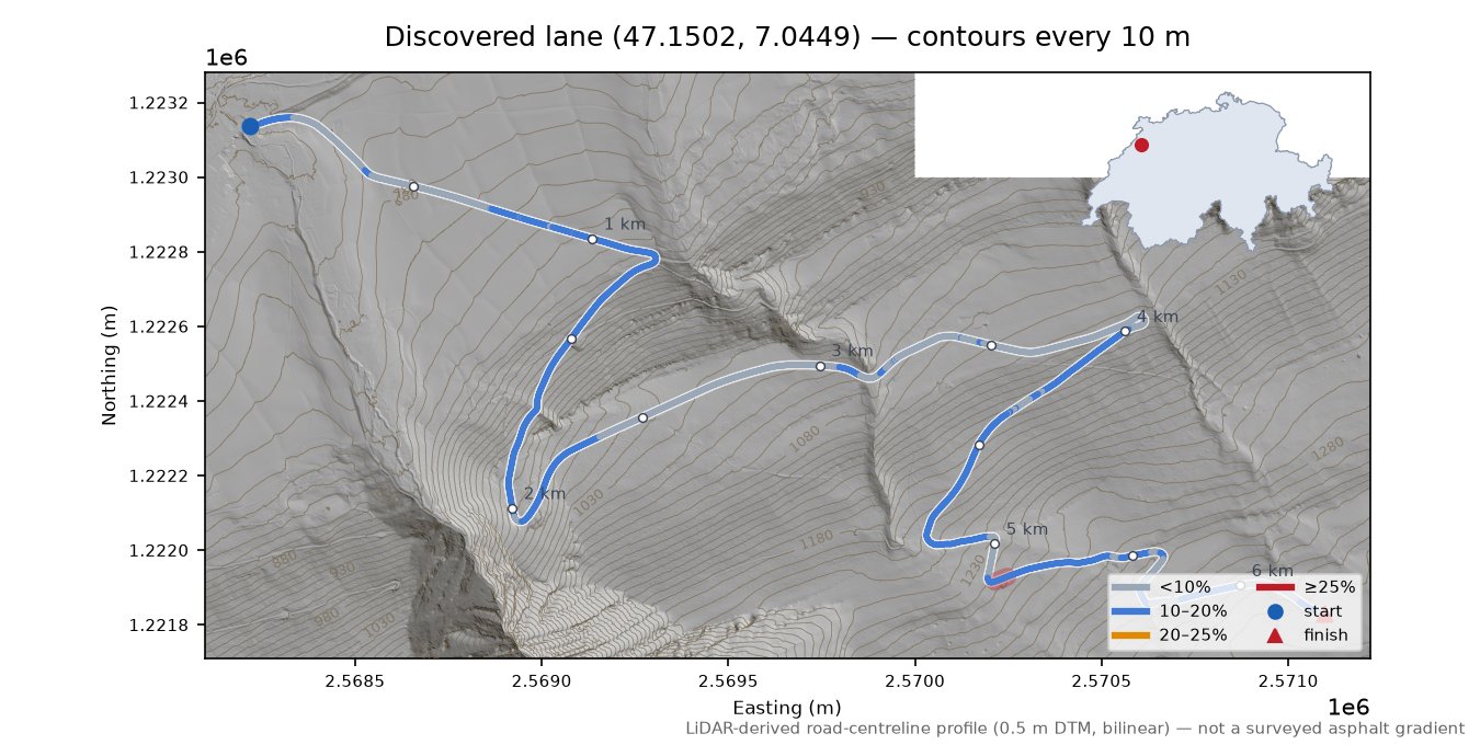 Discovered lane (47.1502, 7.0449) LiDAR hillshade map with contours