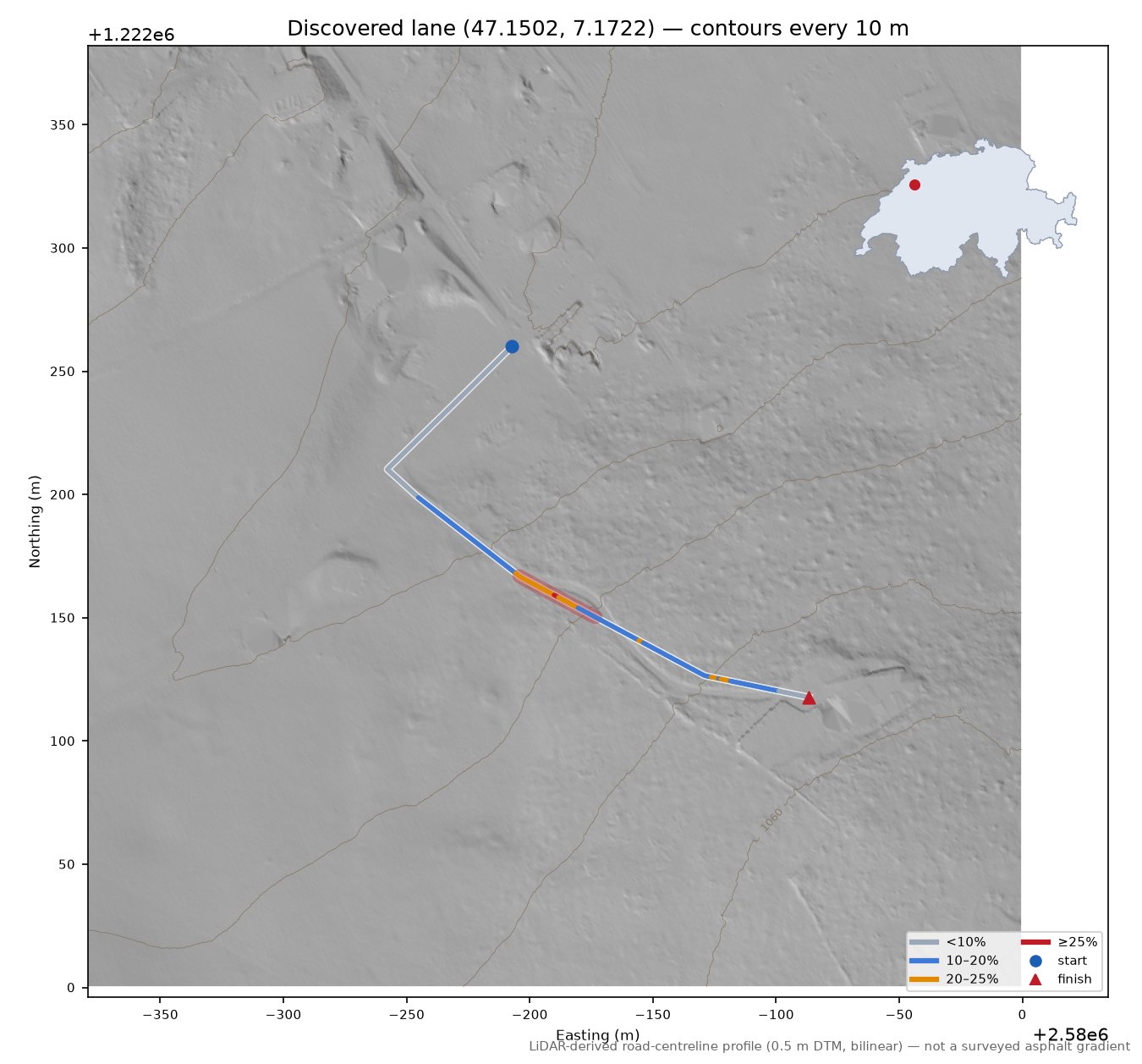 Discovered lane (47.1502, 7.1722) LiDAR hillshade map with contours