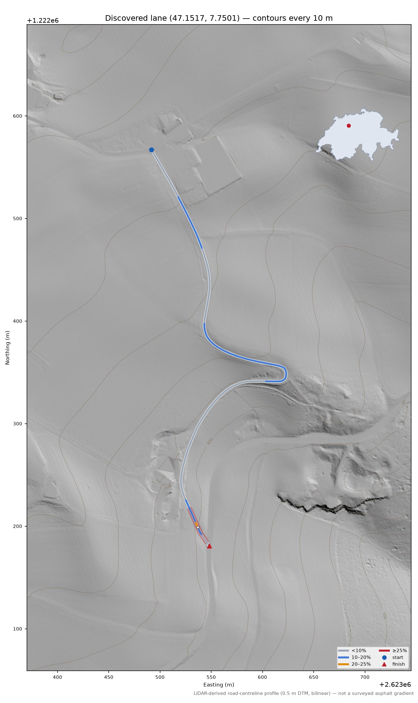 Discovered lane (47.1517, 7.7501) LiDAR hillshade map with contours