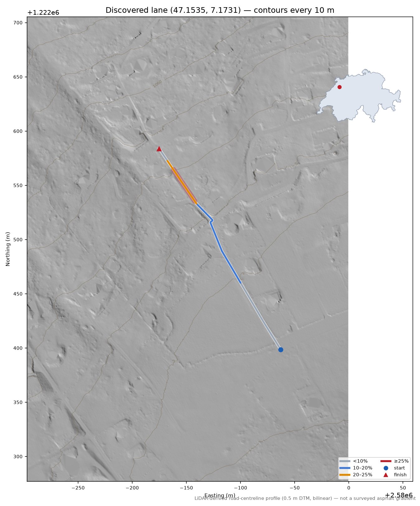 Discovered lane (47.1535, 7.1731) LiDAR hillshade map with contours