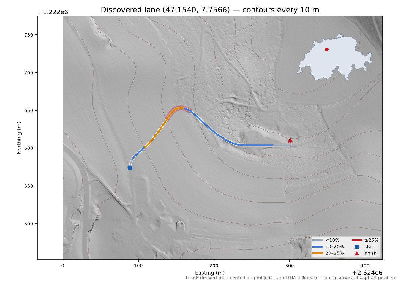 Discovered lane (47.1540, 7.7566) LiDAR hillshade map with contours