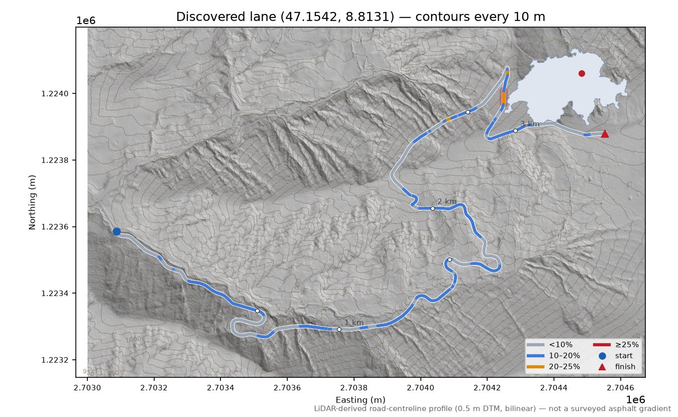 Discovered lane (47.1542, 8.8131) LiDAR hillshade map with contours