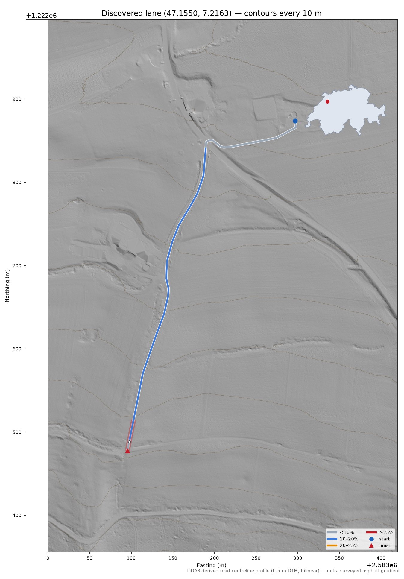 Discovered lane (47.1550, 7.2163) LiDAR hillshade map with contours