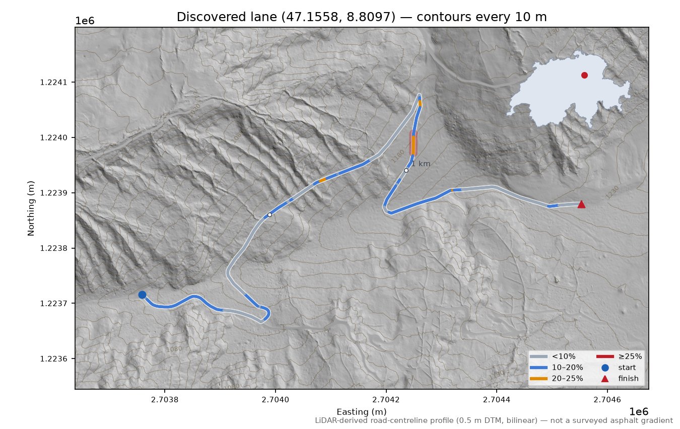 Discovered lane (47.1558, 8.8097) LiDAR hillshade map with contours