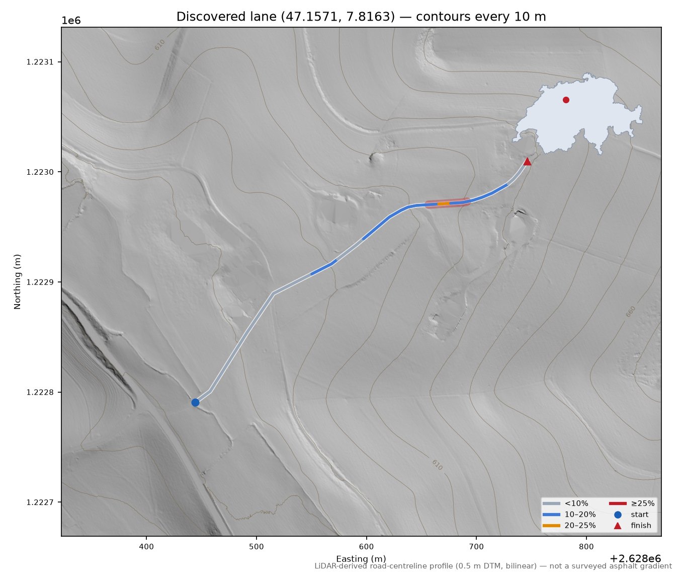 Discovered lane (47.1571, 7.8163) LiDAR hillshade map with contours