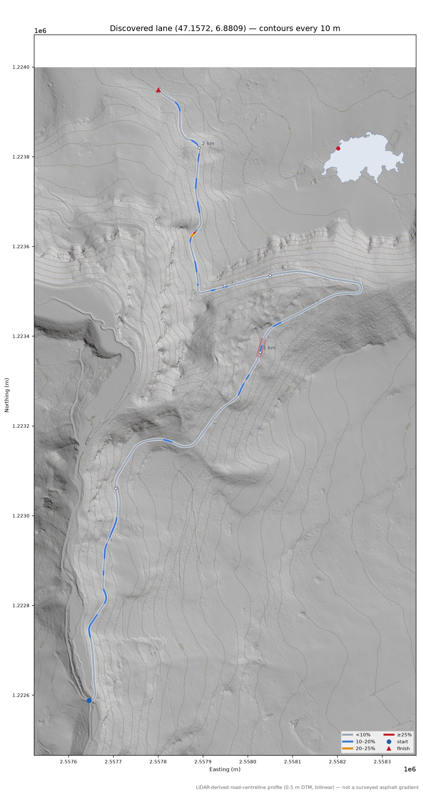 Discovered lane (47.1572, 6.8809) LiDAR hillshade map with contours
