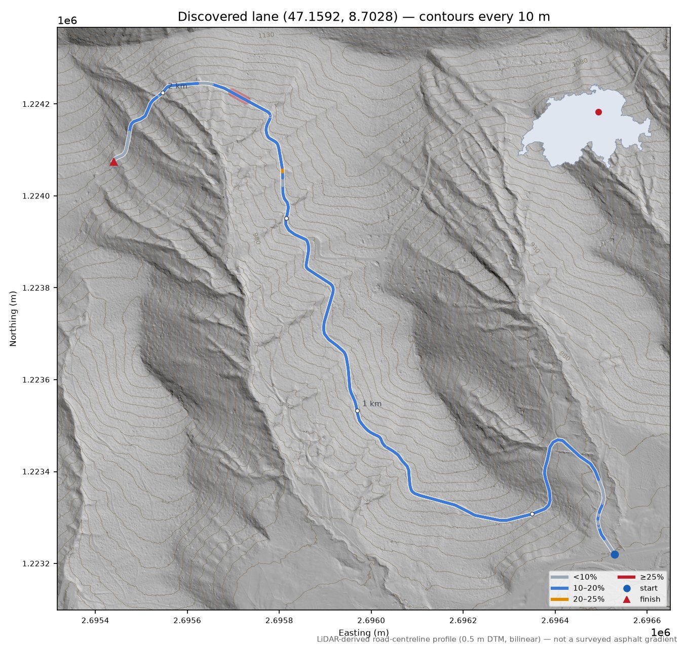 Discovered lane (47.1592, 8.7028) LiDAR hillshade map with contours