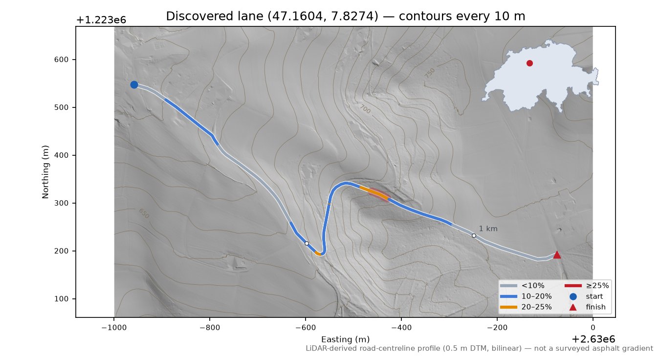 Discovered lane (47.1604, 7.8274) LiDAR hillshade map with contours