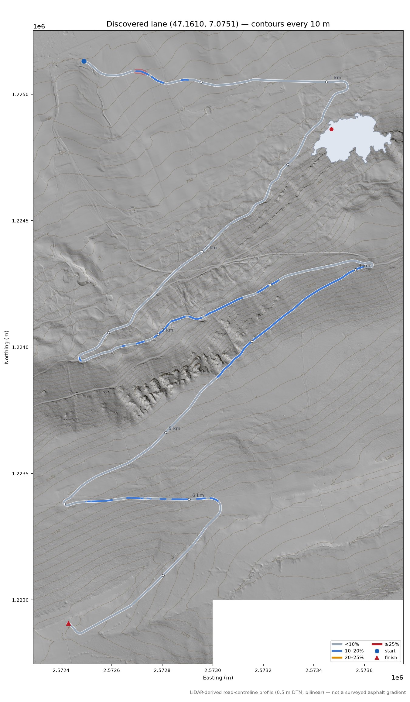 Discovered lane (47.1610, 7.0751) LiDAR hillshade map with contours