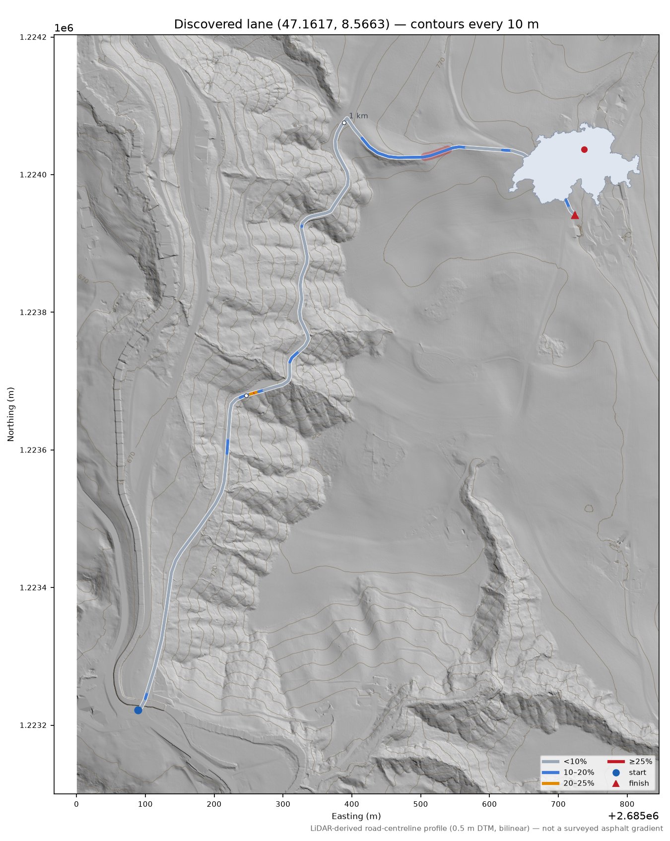 Discovered lane (47.1617, 8.5663) LiDAR hillshade map with contours