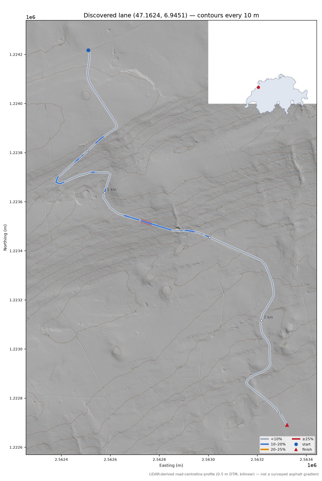 Discovered lane (47.1624, 6.9451) LiDAR hillshade map with contours