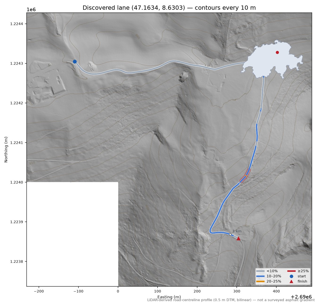 Discovered lane (47.1634, 8.6303) LiDAR hillshade map with contours