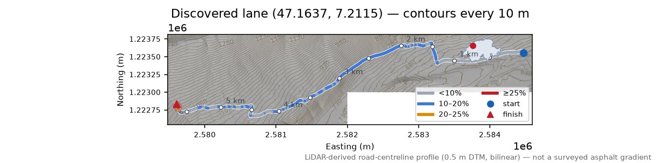 Discovered lane (47.1637, 7.2115) LiDAR hillshade map with contours
