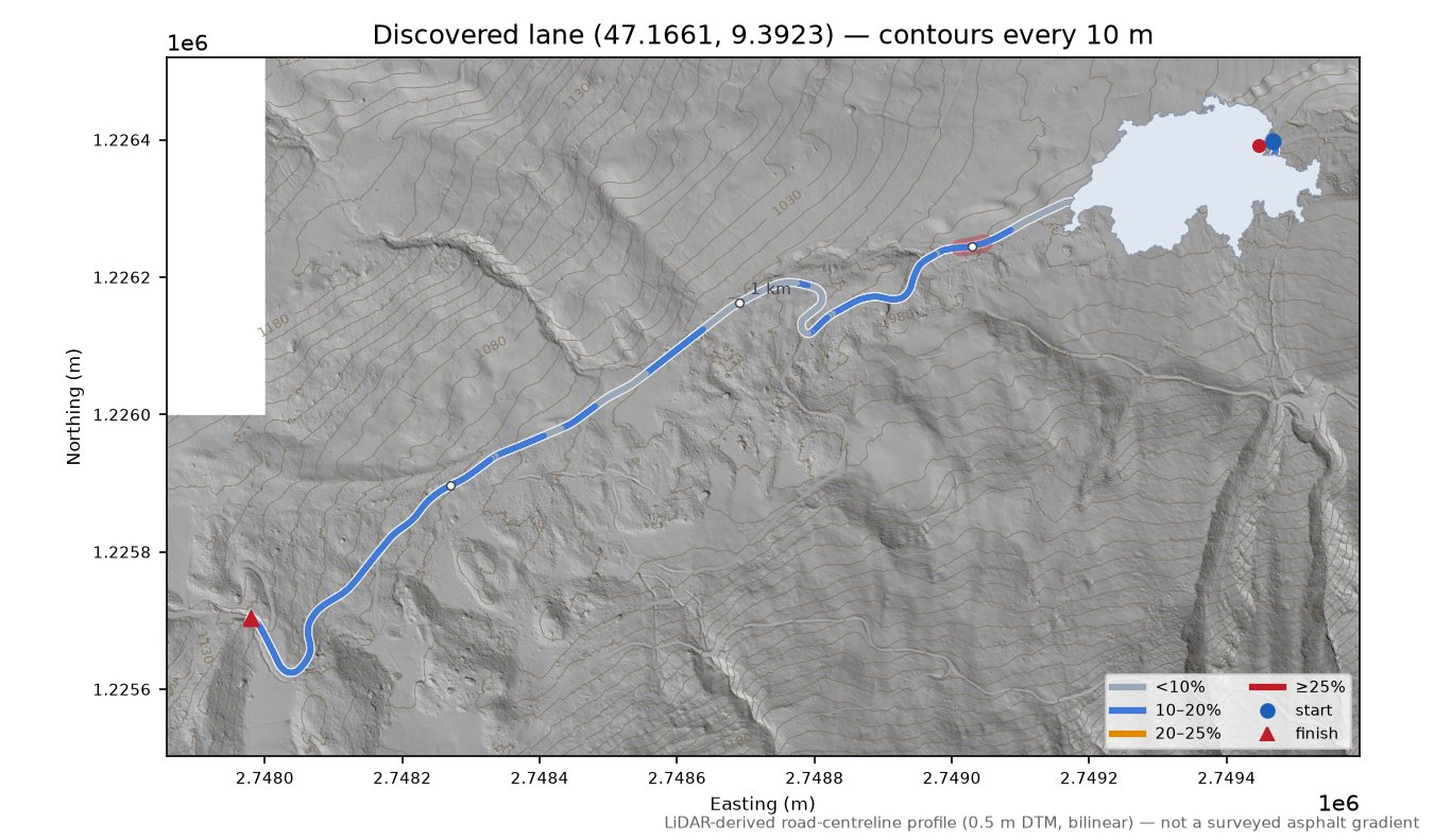 Discovered lane (47.1661, 9.3923) LiDAR hillshade map with contours