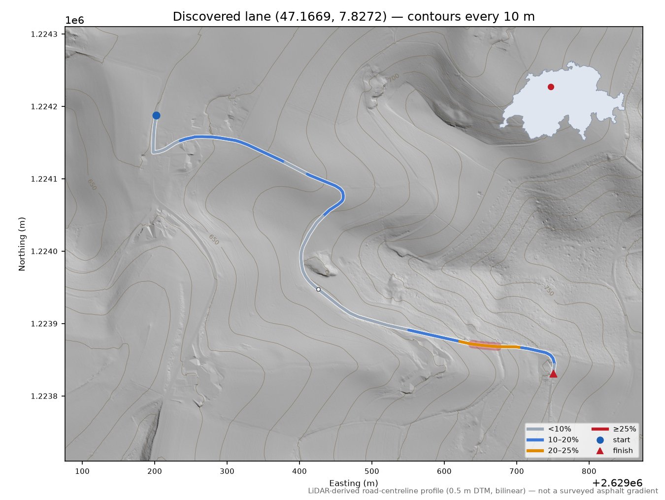 Discovered lane (47.1669, 7.8272) LiDAR hillshade map with contours