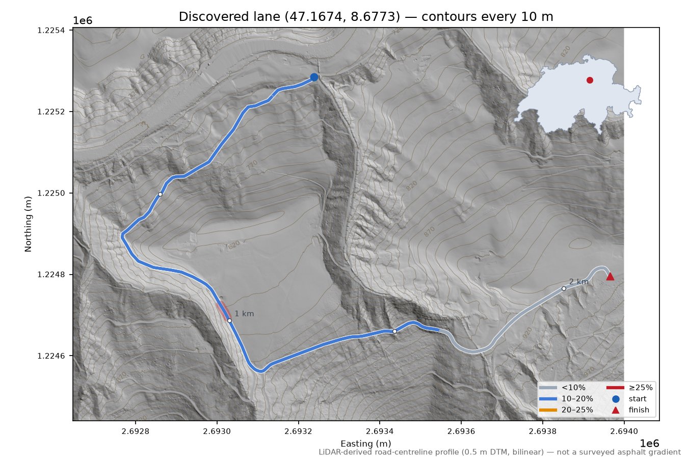Discovered lane (47.1674, 8.6773) LiDAR hillshade map with contours