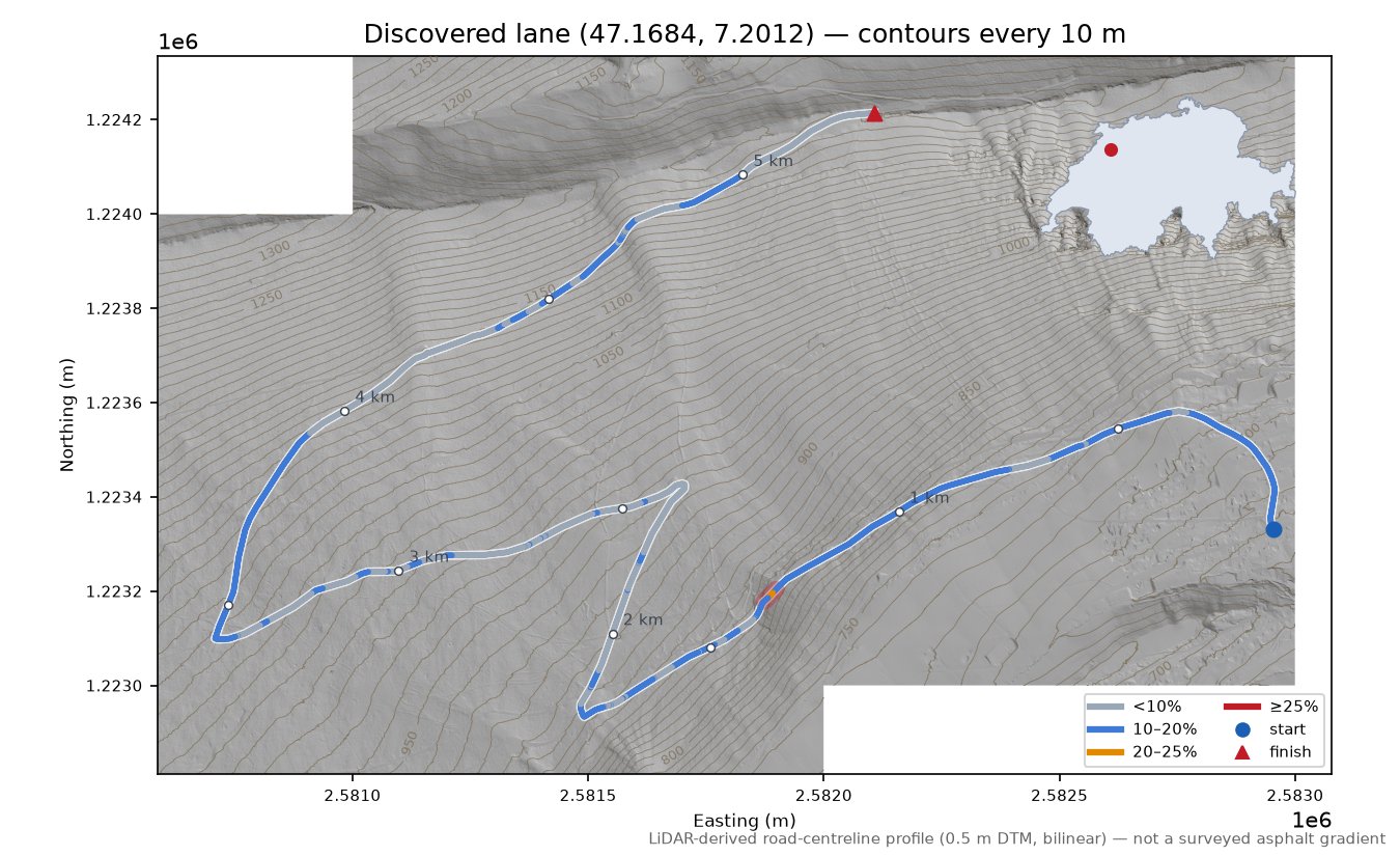 Discovered lane (47.1684, 7.2012) LiDAR hillshade map with contours