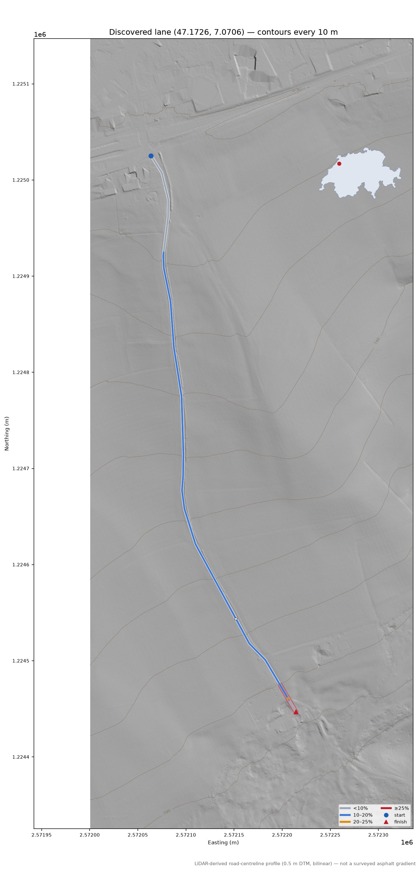 Discovered lane (47.1726, 7.0706) LiDAR hillshade map with contours