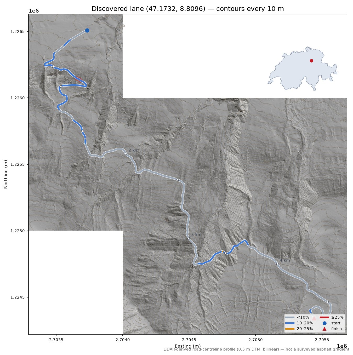 Discovered lane (47.1732, 8.8096) LiDAR hillshade map with contours