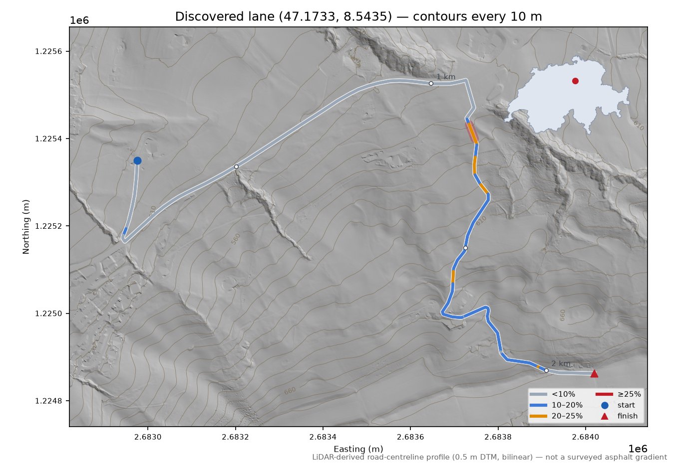 Discovered lane (47.1733, 8.5435) LiDAR hillshade map with contours
