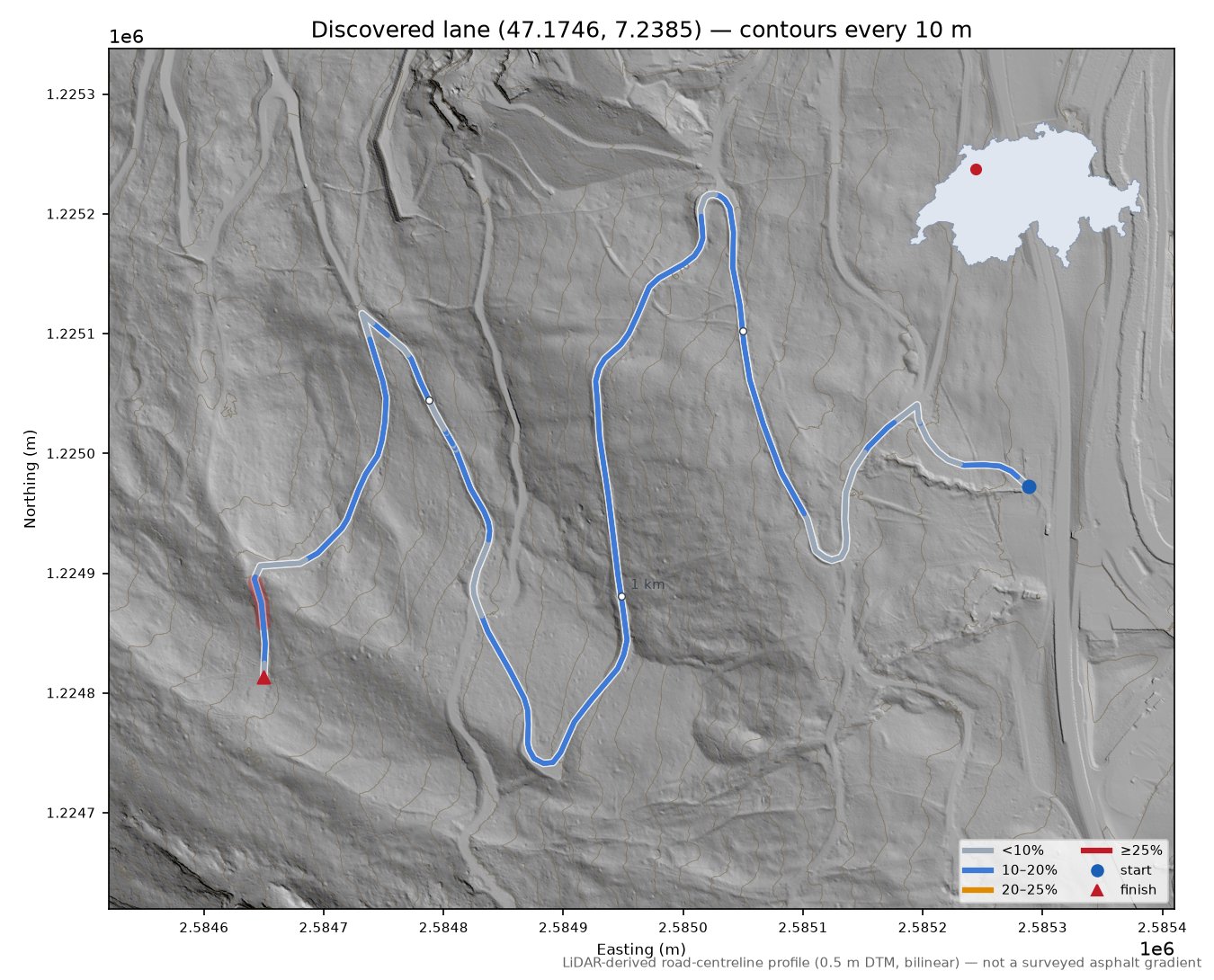 Discovered lane (47.1746, 7.2385) LiDAR hillshade map with contours