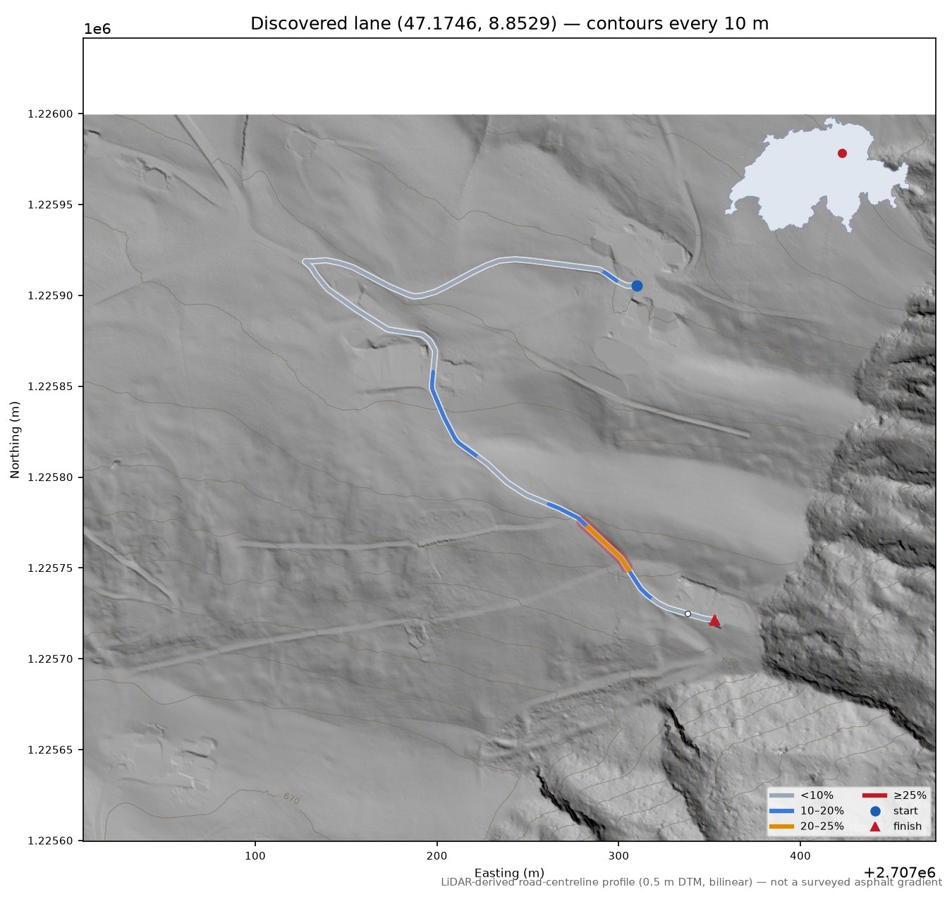 Discovered lane (47.1746, 8.8529) LiDAR hillshade map with contours