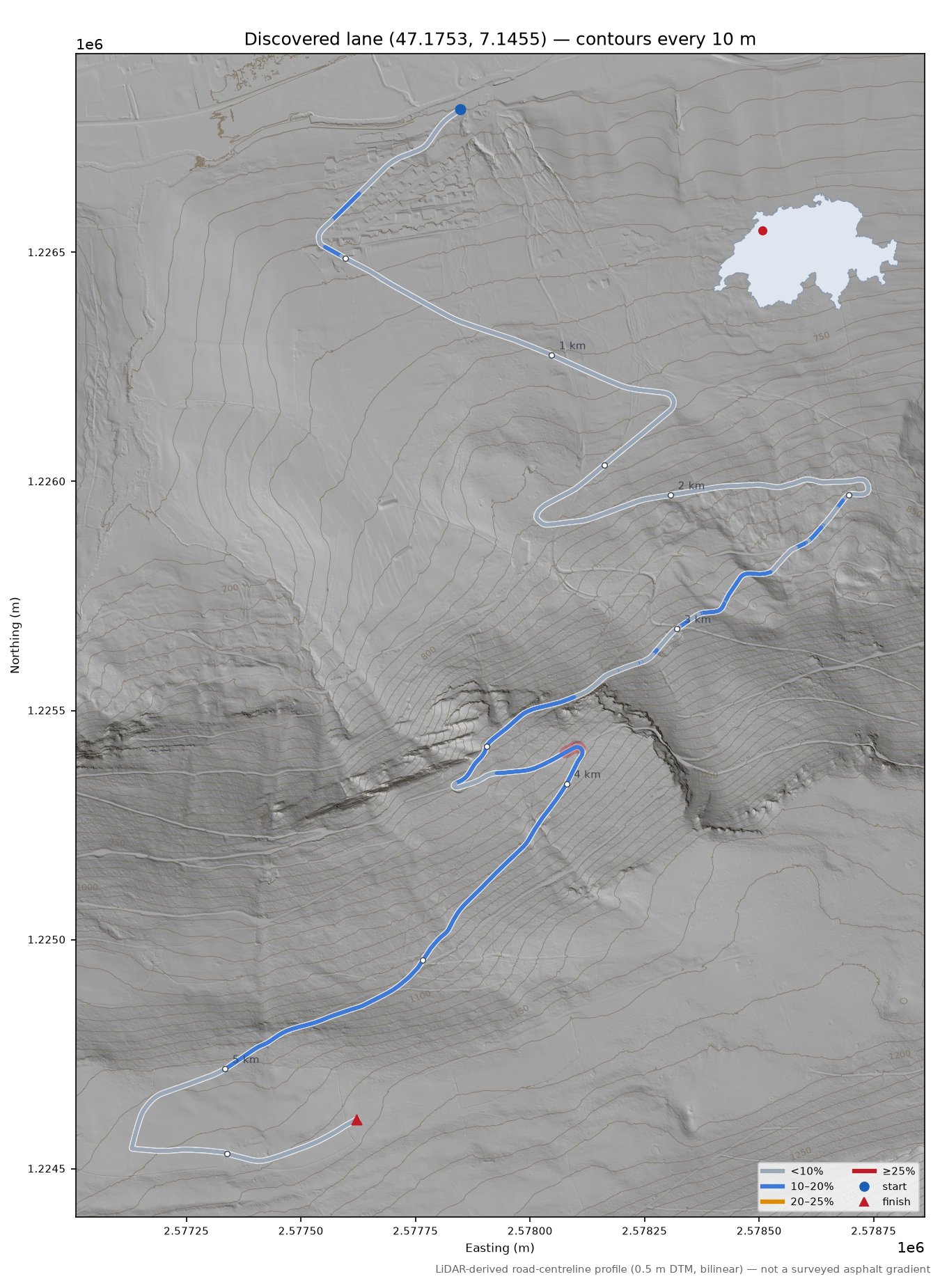 Discovered lane (47.1753, 7.1455) LiDAR hillshade map with contours