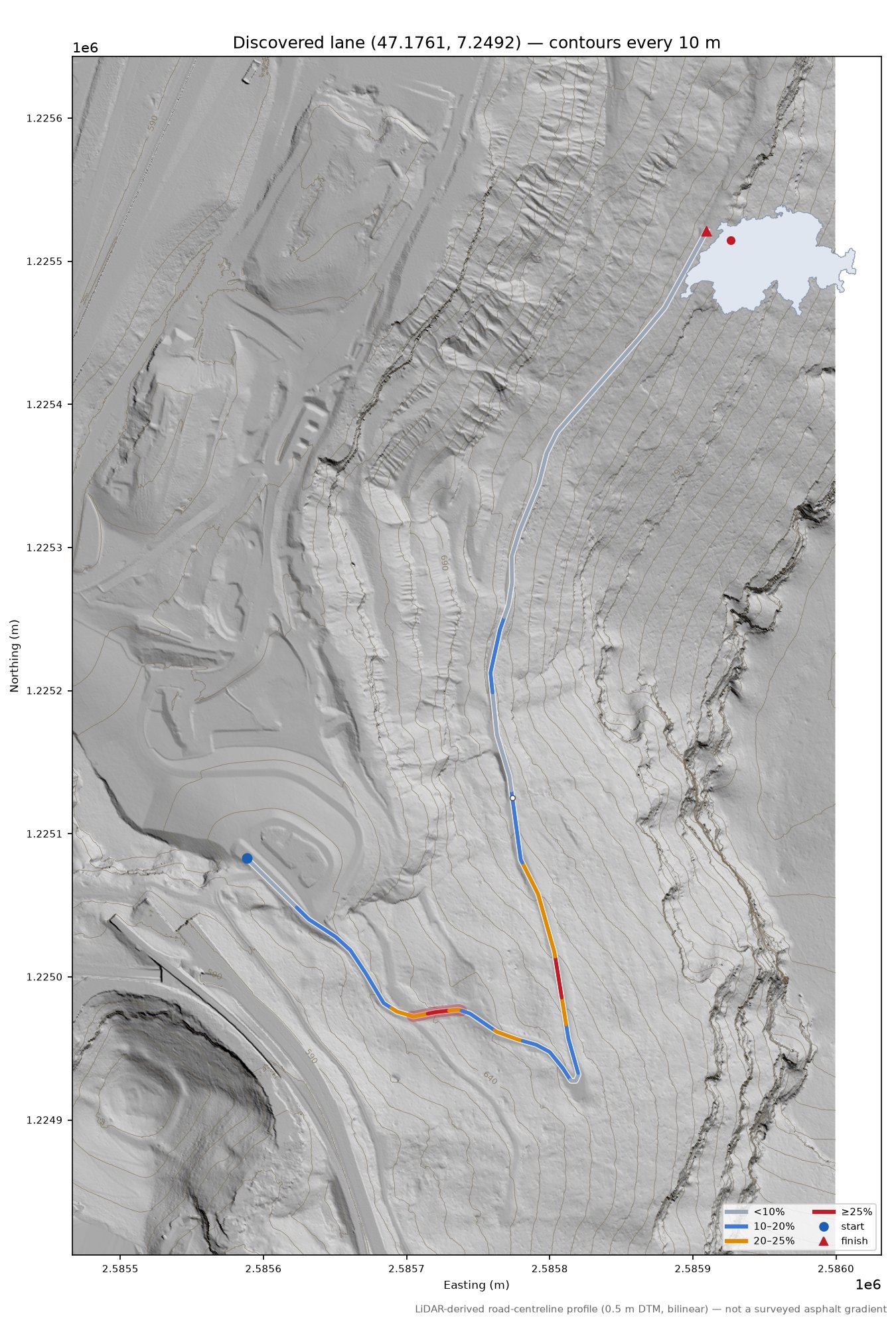 Discovered lane (47.1761, 7.2492) LiDAR hillshade map with contours